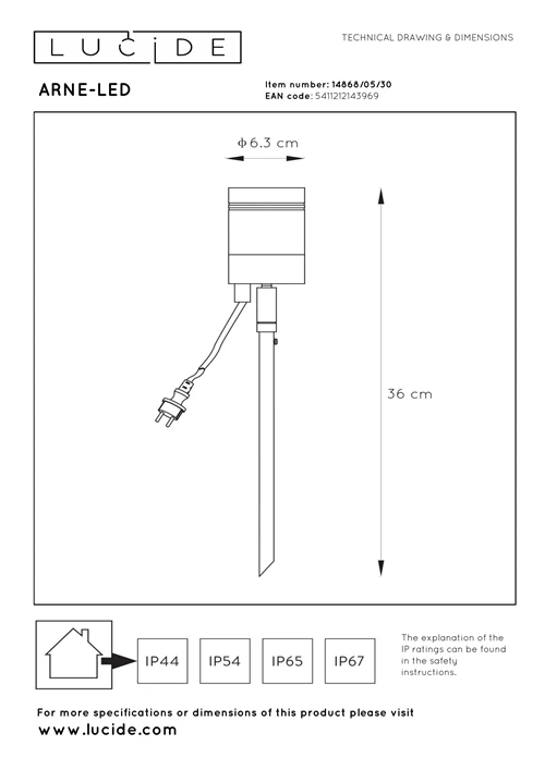 Lucide ARNE-LED - Foco de jardín - Ø 6,3 cm - LED - GU10 - 1x5W 2700K - IP44 - Negro - técnico